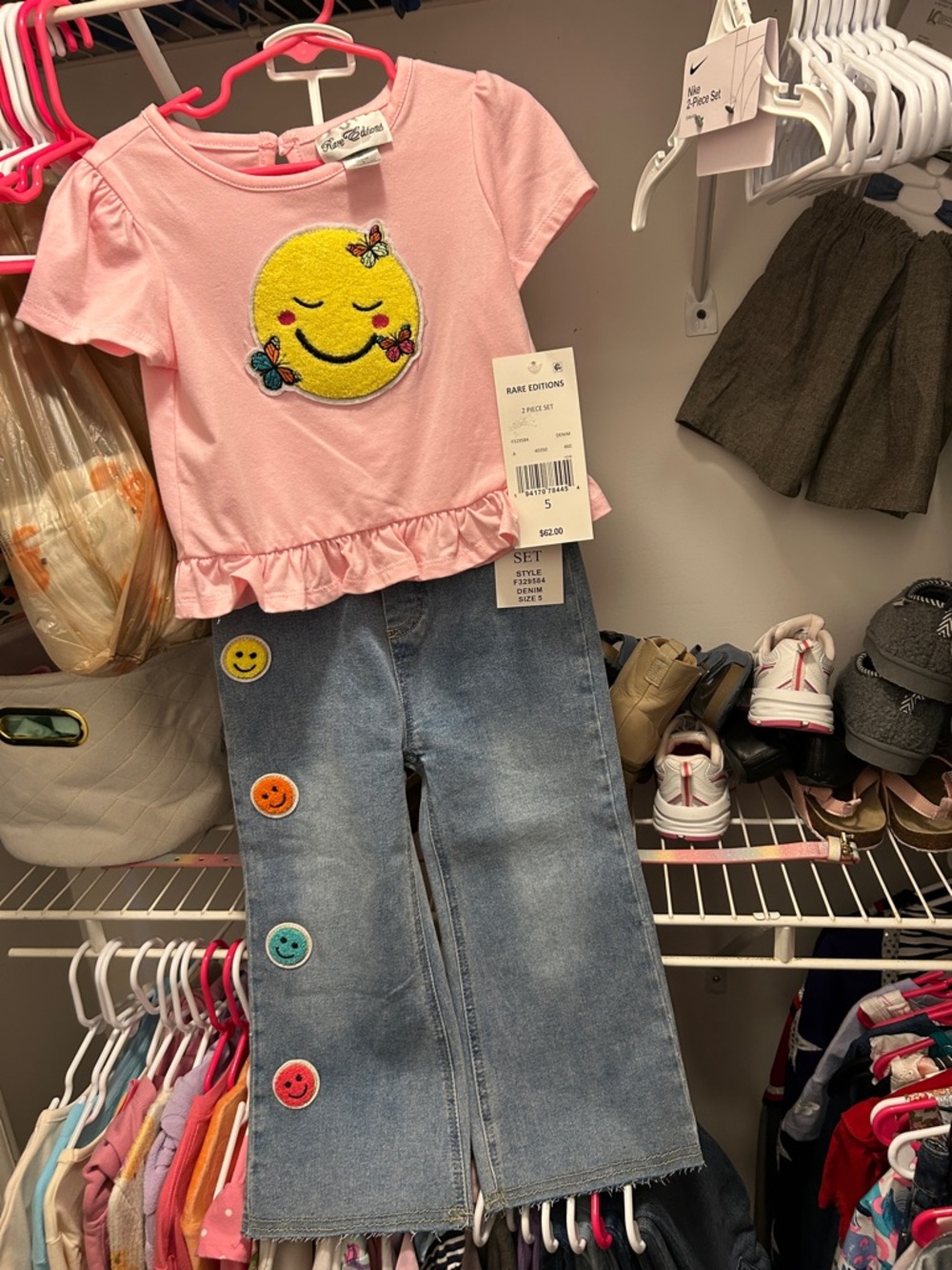 Rare Editions Pink Tee and Denim Smile Patch Matching Set